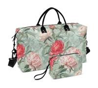 Borsa a mano da viaggio con sfondo grigio-verde con peonie rosse e pesca borsa da viaggio borsa da palestra borsa da palestra di grande capacità