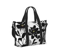 Borsa a mano da viaggio con stampa di fiori bianchi e neri per donne e uomini, leggera, pieghevole, per gite nel fine settimana, palestra, vacanze