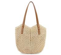 Borsa a mano di paglia da donna, borsa a cesto, da donna, in tessuto cavo, borsa da spiaggia intrecciata, borsa di paglia fatta a mano con tracolla in pelle, borsa a tracolla tessuta per la spiaggia