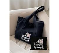 Borsa a mano e borsa trucco abbinata, motivo a libro con la scritta "Il mio weekend è completamente prenotato", borsa shopper minimalista nera casual, borsa da toilette portatile, borsa per la scuola,