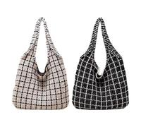 Borsa a mano grande capacità in tessuto Plaid Tote Bag Shoulder Purse elegante glitter per ragazze - Versatile stile coreano alla moda, beige+nero, 36*30cm
