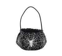 Borsa a mano nera con ragnatela di Halloween con stampa Web bianca e manico | Borsa arrotondata con motivo a rete all-over e dettaglio ragno centrale; la costruzione in tessuto non tessuto fornisce un