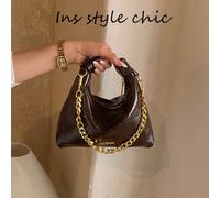 Borsa a mezzaluna piccola in PU marrone scuro con effetto cera e olio, con tracolla a catena dorata spessa rimovibile, fodera con cerniera minimalista, stile Ins, borsa casual da pendolare alla moda P