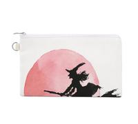 Borsa a portafoglio in tela, con manico di scopa da strega e luna rosa, portamonete con stampa semplice, borsa per cambio con cerniera, piccola borsa per cosmetici