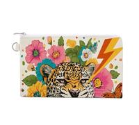 Borsa a portafoglio in tela, portamonete con stampa estetica vintage con testa di leopardo e fiori, portamonete con cerniera, piccola borsa per cosmetici