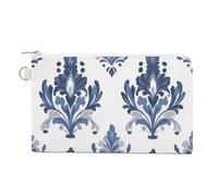 Borsa a portafoglio in tela, portamonete con stampa estetica vittoriana floreale blu bianca, portamonete con cerniera, piccola borsa per cosmetici