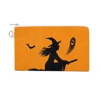 Borsa a portafoglio in tela, silhouette di strega su una scopa fantasma stampa portamonete, borsa per cambio cerniera, piccola borsa cosmetica