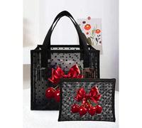 Borsa a rete nera trasparente con due manici, motivo a fiocco rosso e ciliegie, pochette a rete a forma di cuore con una borsa portaoggetti, grande capacità, borsa portaoggetti cosmetici in rete trasp