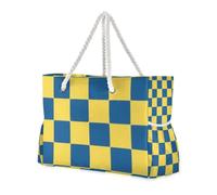 Borsa a scacchiera da donna di grande capacità giallo e blu con tasche laterali, grande borsa da spiaggia per viaggi, palestra, vacanze