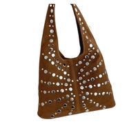 Borsa a secchiello con rivetti in metallo punk alla moda, borsa a tracolla in pelle scamosciata sottobraccio, borsa da moto alla moda autunno inverno, borsa da donna(Light brown)
