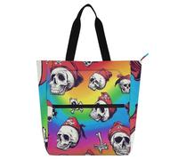 Borsa a secchiello con teschi pirata scarlatto arcobaleno carino per bambini studenti adulti, gotico, impermeabile, resistente, riutilizzabile, per biblioteca, libri, scuola, lavoro, viaggi