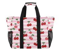 Borsa a secchiello da donna, pieghevole, impermeabile, in tela, a righe, rosa, bianca, con ciliegie e frutta, Ciliegia a righe bianche rosa, 1 size, Moda