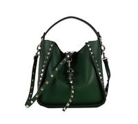 Borsa a secchiello di lusso da donna, borsa a tracolla con rivetti alla moda in vera pelle di litchi(Green,21cm)