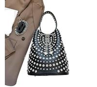 Borsa a secchiello for il tempo libero, borsa da donna alla moda, personalizzata, con rivetti decorativi, borsa a tracolla di lusso con catena scintillante for feste(Black)