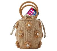 Borsa a secchiello in paglia - Borsa a secchiello in rattan intrecciato con fiori, elegante borsa a secchiello fatta a mano | Borsa a tracolla estiva alla moda per donne shopping, viaggi, eventi
