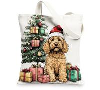 Borsa a secchiello in tela con motivo cane con scarabocchio dorato di Natale per lo shopping, 33 x 38 cm, regalo per albero di Natale, borsa della spesa riutilizzabile per donne, lavoro per animali
