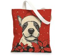 Borsa a secchiello in tela con motivo natalizio Bull Terrier per lo shopping, 33 x 38 cm, con stella di Natale riutilizzabile, per donne, lavoro e viaggi, decorazione regalo