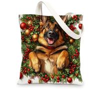 Borsa a secchiello in tela con motivo natalizio con pastore tedesco, per shopping, 33 x 38 cm, divertente borsa per la spesa riutilizzabile, per donne, lavoro, viaggi, decorazione regalo