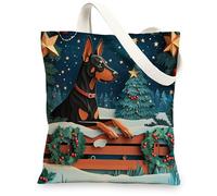Borsa a secchiello in tela con motivo natalizio Doberman, per lo shopping, 33 x 38 cm, riutilizzabile, per donne, lavoro, viaggi, decorazione regalo