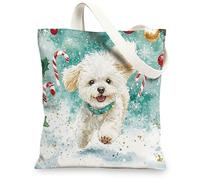 Borsa a secchiello in tela natalizia con cane Bichon Frise, per lo shopping, 33 x 38 cm, simpatica, divertente, riutilizzabile, per donne, lavoro e viaggi, decorazione regalo