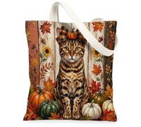 Borsa a secchiello in tela rustica con gatto del Bengala autunnale per lo shopping, 33 x 38 cm, borsa della spesa riutilizzabile in legno per donne, bella spiaggia, pittura estetica regalo decorazione
