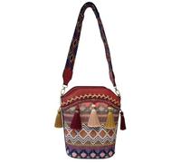 Borsa a secchiello intrecciata da donna, in paglia intrecciata a mano, stile boho vintage, Liushub01-rosso