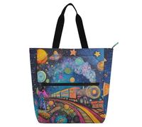 Borsa a secchiello per bambini con treno a vapore e pianeta, per ragazzi, ragazze, adulti, impermeabile, con tasche con cerniera, per scuola, lavoro, viaggi