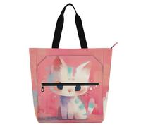 Borsa a secchiello per libri con gatti in stile cartone animato, color pesca, per ragazzi, ragazze, adulti, impermeabile, con tasche interne, per scuola, shopping, viaggi