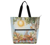 Borsa a secchiello per libri in stile cartone animato con animali in legno semplice, per ragazzi, ragazze, donne, robusta, borsa per la spesa, borsa da spiaggia con tasche con cerniera, per scuola