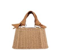 Borsa a secchiello quadrata in paglia, con manico in pelle PU con fiocco, per l'estate da donna, Marrone