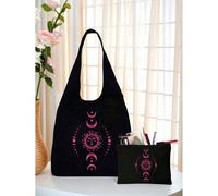 Borsa a spalla in tela con stampa sole luna stella, borsa tote con canotta nera stampata e piccola borsa nera, regalo di San Valentino, borsa regalo personalizzata per damigelle d'onore per matrimonio