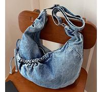 Borsa a spalla in tela di stile giapponese lavata e vintage blu, borsa a tracolla con pieghe e fiocco, chiusura con cerniera, adatta per scuola/università/uso casual, borsa a mezzaluna pieghevole a fo