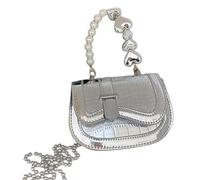 Borsa a tracolla 2023 Borsa a tracolla in PU moda per donna ragazza catena con manico in perla cosmetica versatile cellulare spalla singola, Argento, One Size