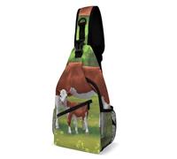 Borsa a tracolla alla moda, mucca Hereford e grazioso vitello in pascolo estivo zaino portautensili