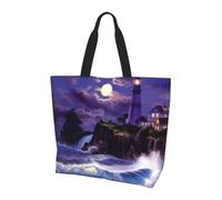 Borsa a tracolla blu navy con motivo cielo e stelle, borsa organizer per viaggi, viaggi d'affari e gite in spiaggia, Faro lunare, Taglia unica