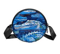 Borsa a tracolla circolare da donna, con coccodrillo blu mare, piccola borsa a tracolla con cerniera, spallacci regolabili, casual, borsa rotonda da donna