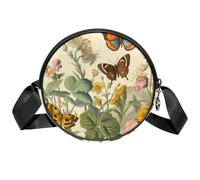 Borsa a tracolla circolare da donna, con farfalle e fiori di campo, piccola borsa a tracolla con cerniera, spallacci regolabili, casual, borsa rotonda da donna