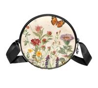 Borsa a tracolla circolare da donna, con farfalle e fiori di campo, piccola borsa a tracolla con cerniera, spallacci regolabili, casual, borsa rotonda da donna