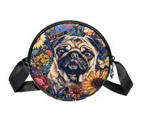 Borsa a tracolla circolare da donna, con fiori di carlino, piccola borsa a tracolla con cerniera, spallacci regolabili, casual, borsa rotonda da donna