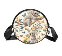 Borsa a tracolla circolare da donna, con fiori di koala, piccola borsa a tracolla con cerniera, spallacci regolabili, casual, borsa rotonda da donna