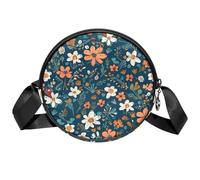 Borsa a tracolla circolare da donna, con fiori e foglie, piccola borsa a tracolla con cerniera, spallacci regolabili, casual, borsa rotonda da donna