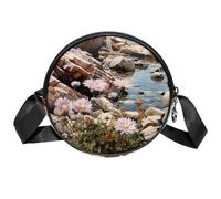 Borsa a tracolla circolare da donna, con fiori e rocce, piccola borsa a tracolla con cerniera, spallacci regolabili, casual, borsa rotonda da donna