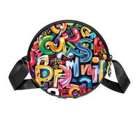 Borsa a tracolla circolare da donna, con lettere dell'alfabeto della pace artistica, piccola borsa a tracolla con cerniera, spallacci regolabili, casual, borsa rotonda da donna