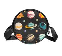 Borsa a tracolla circolare da donna, con simboli dei pianeti, piccola borsa a tracolla con cerniera, spallacci regolabili casual, borsa rotonda da donna