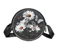 Borsa a tracolla circolare da donna, in legno, con margherite circolari, piccola borsa a tracolla con cerniera, spallacci regolabili, casual, borsa rotonda da donna