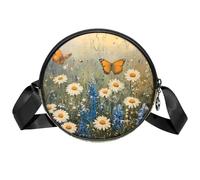 Borsa a tracolla circolare da donna, margherita lavanda farfalle piccola borsa a tracolla con cerniera spallacci regolabili casual da donna ragazza borsa rotonda