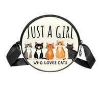 Borsa a tracolla circolare da donna, piccola borsa a tracolla blu con farfalla luminosa, con cerniera, spallacci regolabili, casual, borsa rotonda da donna, La ragazza ama i gatti, Taglia unica