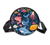 Borsa a tracolla circolare da donna, Sea Wahles pesci, piccola borsa a tracolla con cerniera, spallacci regolabili casual, borsa rotonda da donna