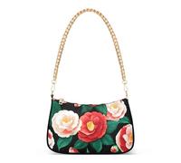 Borsa a tracolla colorata con cerniera e fiori di camelia rossa bianca con foglie verdi, pochette hobo da donna borsa da festa con tracolla a catena