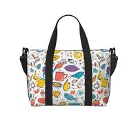 Borsa a tracolla colorata con piume disegnate a mano su stampa bianca, borsa a tracolla da viaggio, fine settimana, per la notte, borsa sportiva, borsa da palestra, nera, taglia unica, Nero , Taglia